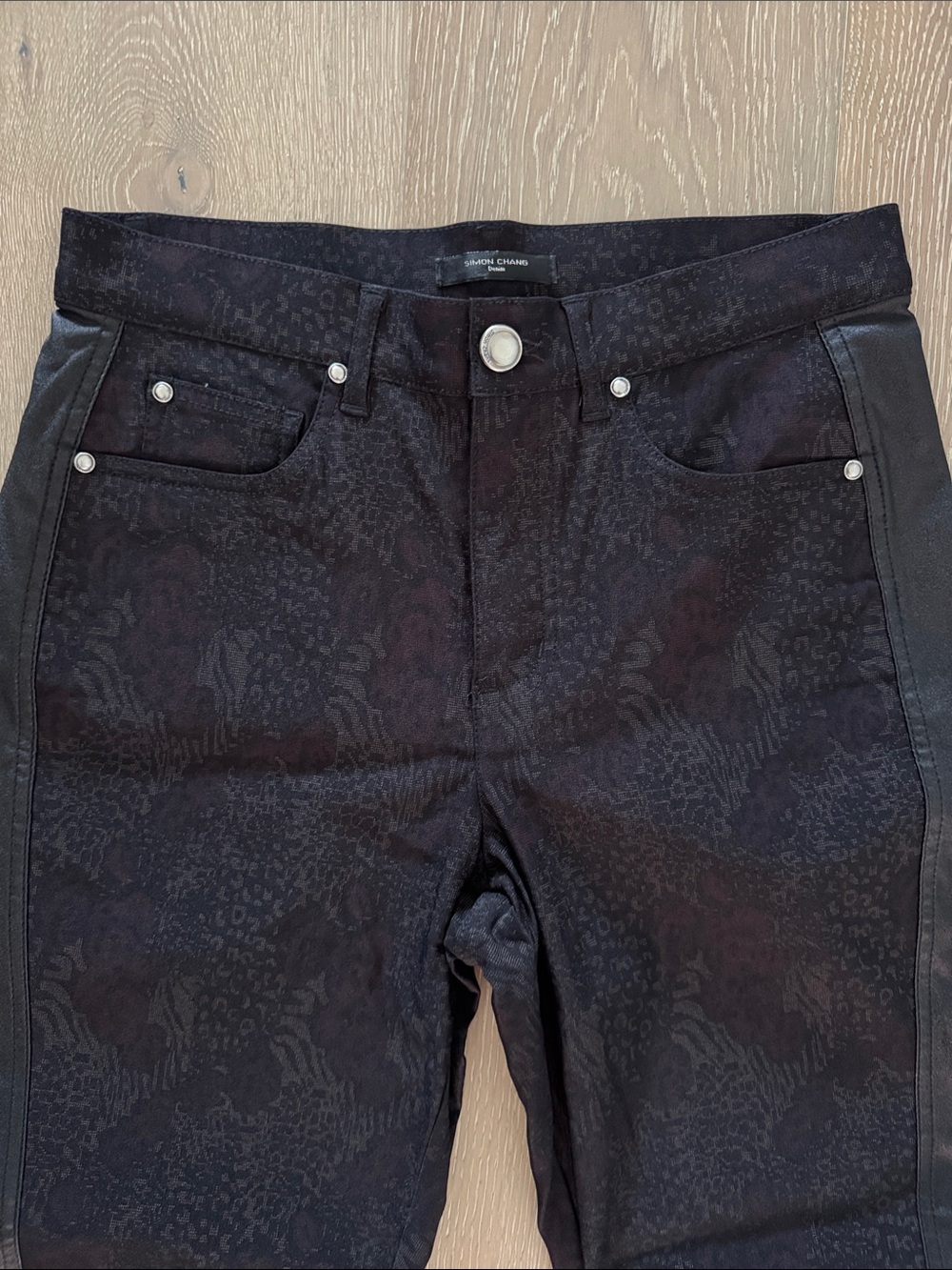 Simon Chang Black Jacquard Moto-Panel Jeans